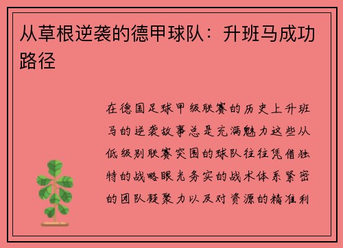 从草根逆袭的德甲球队：升班马成功路径